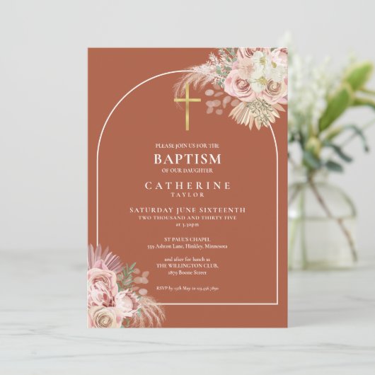 Boho Terracotta Pampas Grass Baptism Christening Kaart (Staand voorkant)