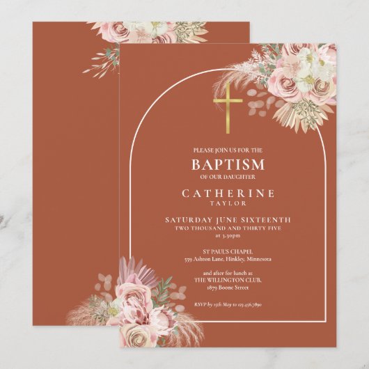 Boho Terracotta Pampas Grass Baptism Christening Kaart (Voorkant / Achterkant)