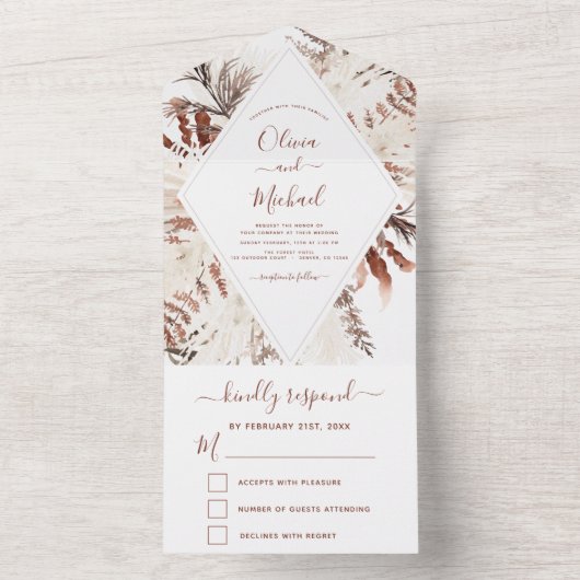 Boho Terracotta Pampas Grass Beige Wedding All In One Uitnodiging (Binnen)