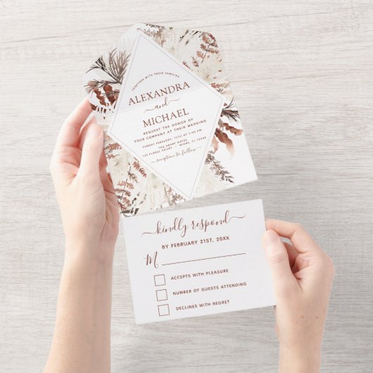 Boho Terracotta Pampas Grass Beige Wedding All In One Uitnodiging (Afscheurbaar)