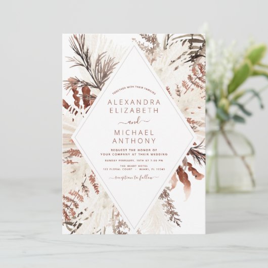 Boho Terracotta Pampas Grass Beige Wedding Kaart (Staand voorkant)