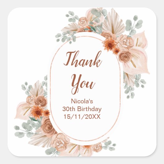 Boho Terracotta Pampas Grass Birthday Vierkante Sticker (Voorkant)