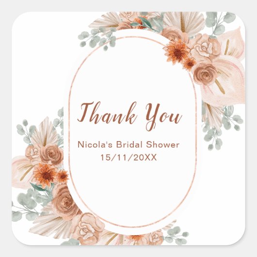 Boho Terracotta Pampas Grass Bridal Shower Vierkante Sticker (Voorkant)