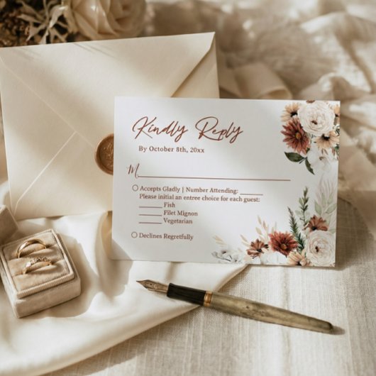 Boho Terracotta Pampas Grass Floral Wedding RSVP Kaartje