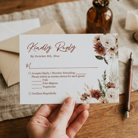 Boho Terracotta Pampas Grass Floral Wedding RSVP Kaartje