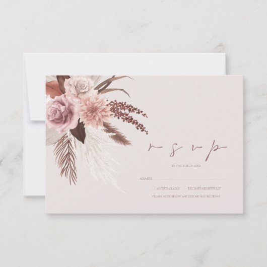 Boho Terracotta Pampas Grass Floral Wedding RSVP Kaartje (Voorkant)