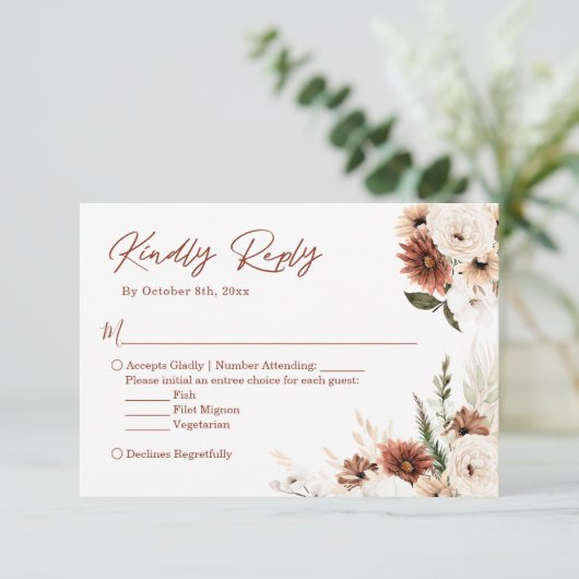 Boho Terracotta Pampas Grass Floral Wedding RSVP Kaartje (Staand voorkant)