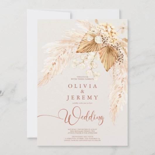 Boho Terracotta Pampas Grass Foto Wedding Kaart (Voorkant)