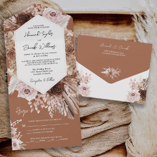 Boho Terracotta Pampas Grass met RSVP Wedding All In One Uitnodiging