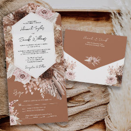 Boho Terracotta Pampas Grass met RSVP Wedding All In One Uitnodiging