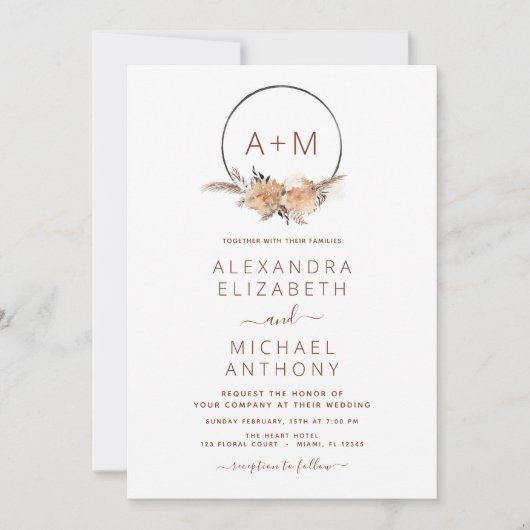 Boho Terracotta Pampas Grass Monogram Wedding Invi Kaart (Voorkant)