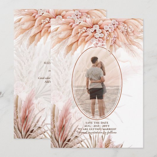 Boho Terracotta Pampas Grass PHOTO Wedding Save The Date (Voorkant / Achterkant)