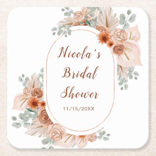 Boho Terracotta Pampas Grass Vrijgezellenfeest Kartonnen Onderzetters (Voorkant)