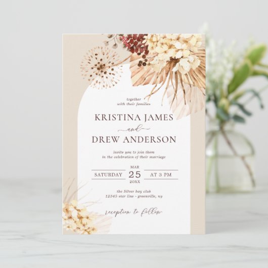 Boho Terracotta Pampas Grass Wedding Invitation Kaart (Staand voorkant)