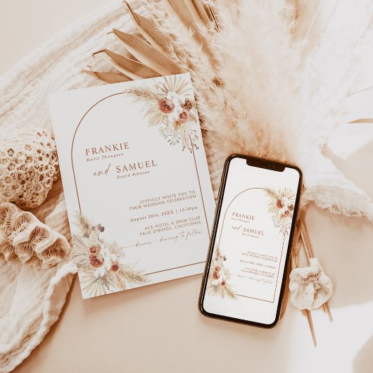 Boho Terracotta Pampas Grass Wedding Kaart