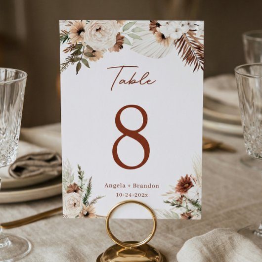 Boho Terracotta Pampas Grass Wedding Table Number Kaart