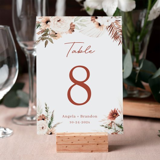 Boho Terracotta Pampas Grass Wedding Table Number Kaart