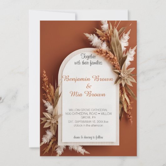Boho Terracotta Pampas Grass Wedding Uitnodiging (Voorkant)