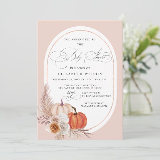 Boho Terracotta Pampas Pumpkins Herfst Baby shower Kaart (Staand voorkant)