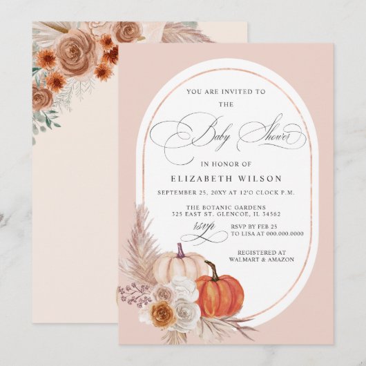 Boho Terracotta Pampas Pumpkins Herfst Baby shower Kaart (Voorkant / Achterkant)