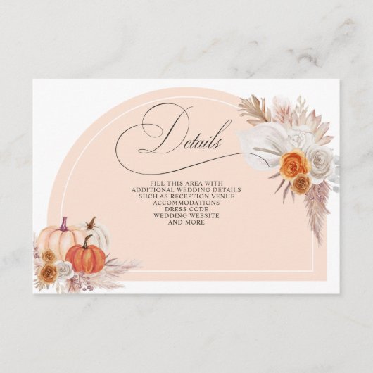 Boho Terracotta Pampas Pumpkins Herfst Details Informatiekaartje (Voorkant)