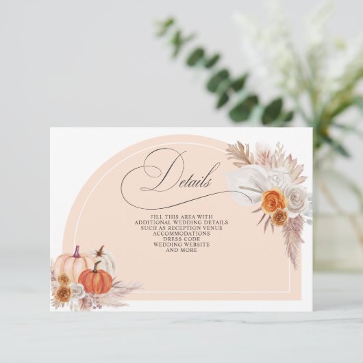 Boho Terracotta Pampas Pumpkins Herfst Details Informatiekaartje (Staand voorkant)