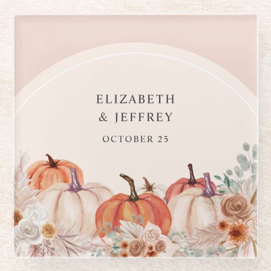 Boho Terracotta Pampas Pumpkins Herfstbruiloft Glazen Onderzetter (Voorkant)