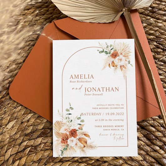 Boho Terracotta Pampas Wedding Uitnodiging