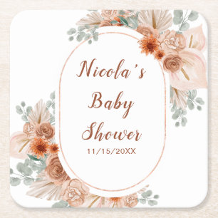 Boho Terracotta Pampasgras Baby Shower Kartonnen Onderzetters