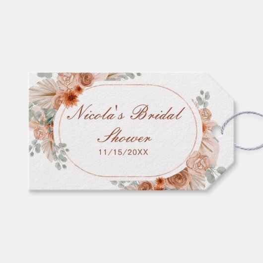 Boho Terracotta Pampasgras Bruiloftsdouche Cadeaulabel (Voorkant (Horizontaal))
