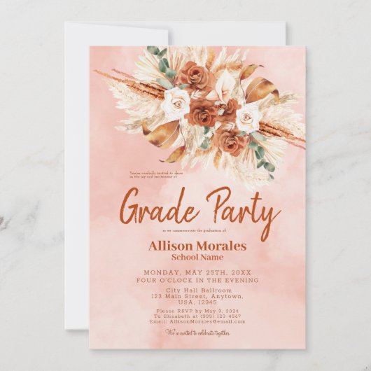 Boho Terracotta Peach Fuzz Pampas Afstuderen Kaart (Voorkant)