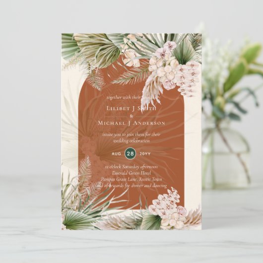 BOHO Terracotta Peach Pampas Grass Wedding Kaart (Staand voorkant)