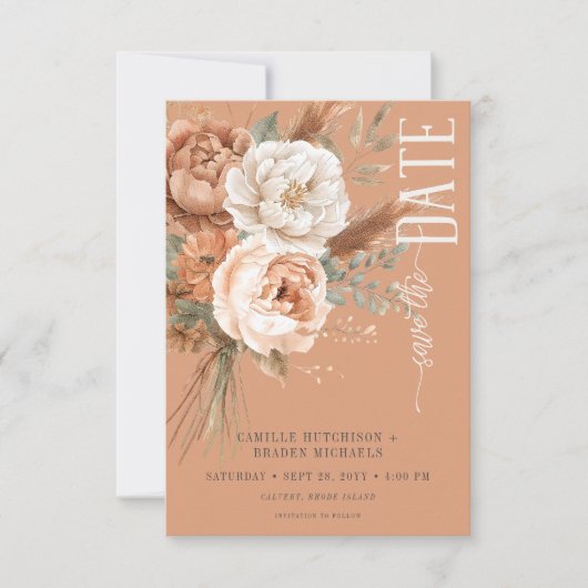 Boho Terracotta Perzik & Crème Bloem Bruiloft Save The Date (Voorkant)