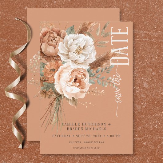 Boho Terracotta Perzik & Crème Bloem Bruiloft Save The Date