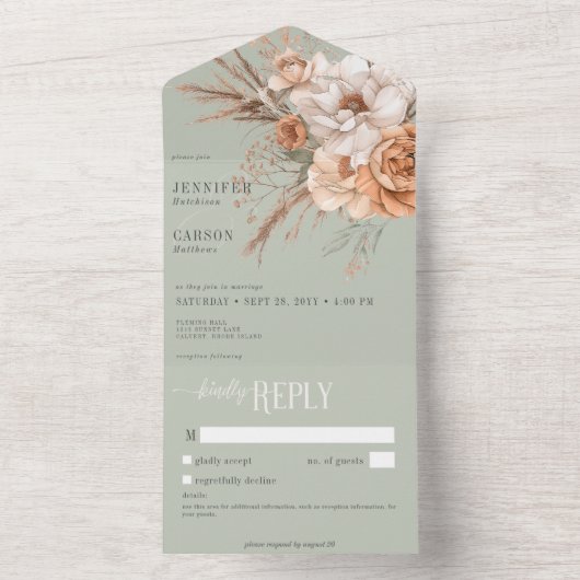 Boho Terracotta Perzik Crème Bloem Groen Niet Dine All In One Uitnodiging (Binnen)