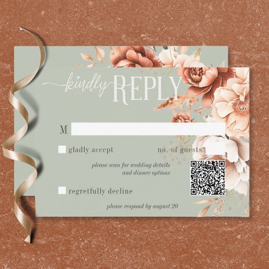 Boho Terracotta Perzik Crème Bloem Groen QR Code RSVP Kaartje