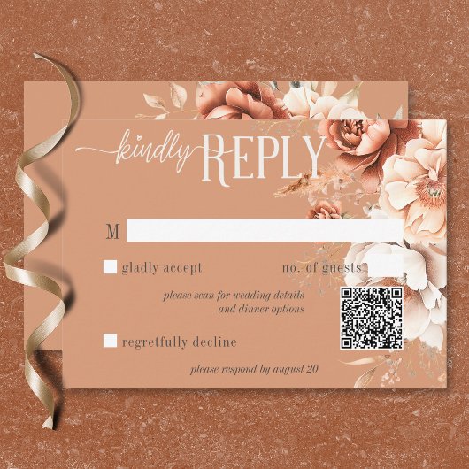 Boho Terracotta Perzik & Crème Bloem QR Code RSVP Kaartje