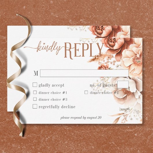 Boho Terracotta Perzik & Crème Bloem Wit Diner RSVP Kaartje
