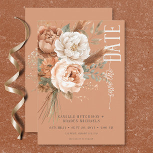 Boho Terracotta Perzik & Crème Bloemen Bruiloft Save The Date