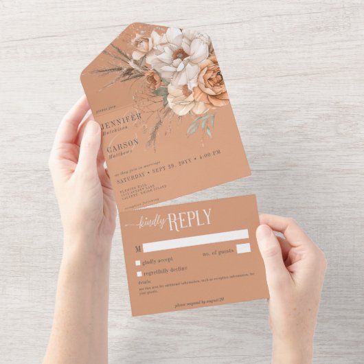 Boho Terracotta Perzik Crème Bloemen Geen Diner All In One Uitnodiging (Afscheurbaar)
