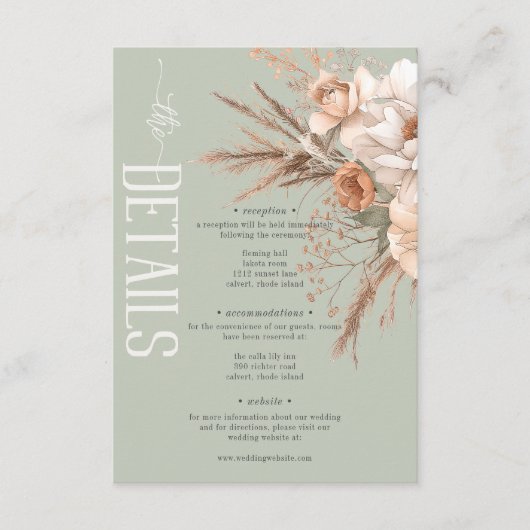 Boho Terracotta Perzik & Crème Bloemen Groen Detai Informatiekaartje (Voorkant)