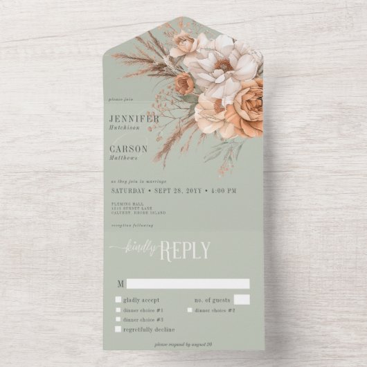 Boho Terracotta Perzik & Crème Bloemen Groen diner All In One Uitnodiging (Binnen)