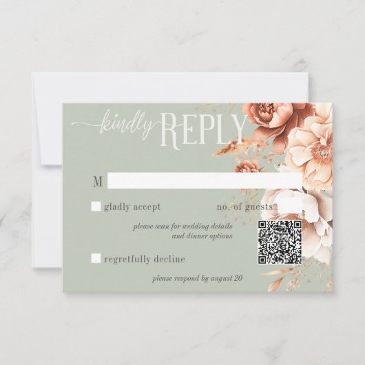 Boho Terracotta Perzik Crème Bloemen Groen QR Code RSVP Kaartje (Voorkant)