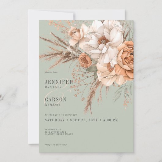 Boho Terracotta Perzik & Crème Bloemen Groene Brui Kaart (Voorkant)