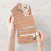 Boho Terracotta Perzik & Crème Bloemen QR Code All In One Uitnodiging (Afscheurbaar)