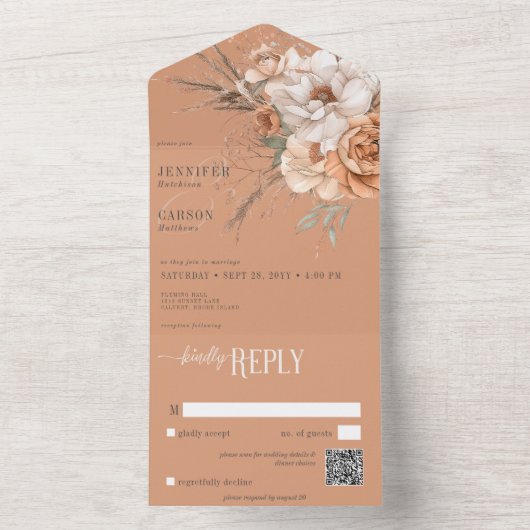 Boho Terracotta Perzik & Crème Bloemen QR Code All In One Uitnodiging (Binnen)