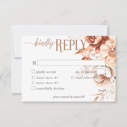 Boho Terracotta Perzik & Crème Bloemen Wit Diner RSVP Kaartje (Voorkant)