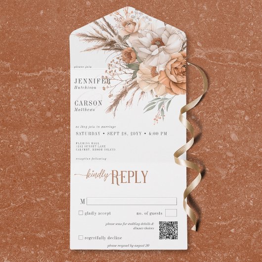 Boho Terracotta Perzik & Crème Bloemen Wit QR Code All In One Uitnodiging