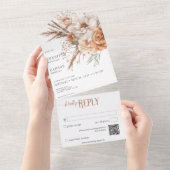 Boho Terracotta Perzik & Crème Bloemen Wit QR Code All In One Uitnodiging (Afscheurbaar)