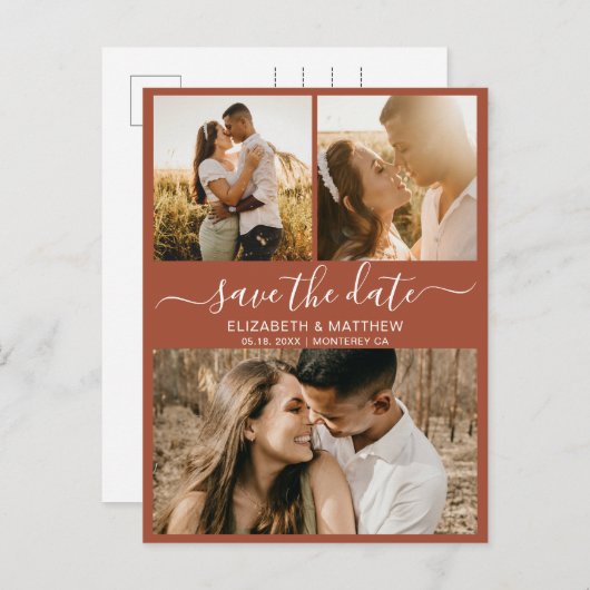 Boho Terracotta Photo Collage Save the Date Aankondigingskaart (Voorkant / Achterkant)